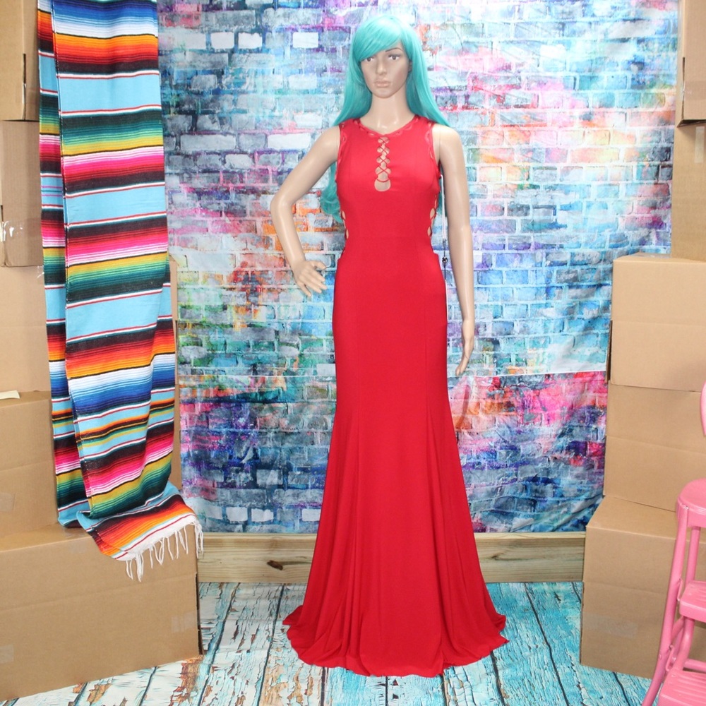 JVN JOVANI Laced Up & Cut Out RED Gown! #JVN45670
